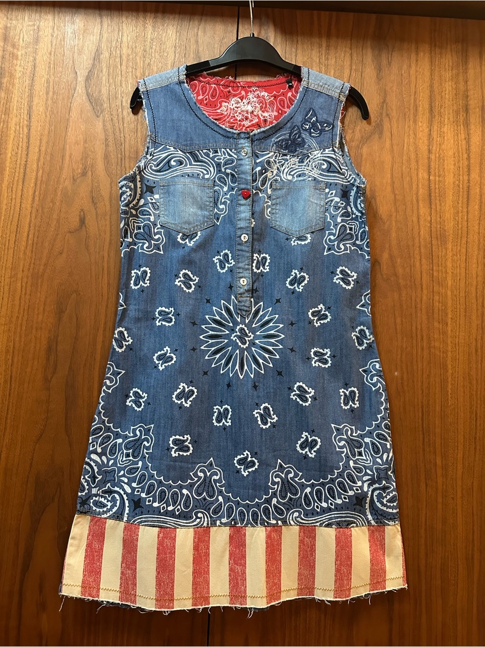 Desigual Blue Denim Bandana-Print Sleeveless Dress with Cream Stripe